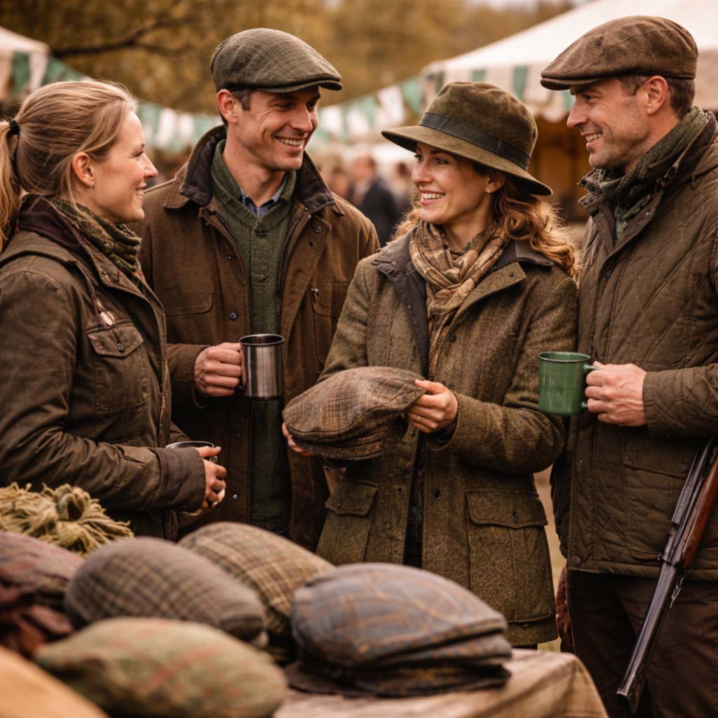 Group wearing game fair clothing in the UK at a countryside event during shooting season.
