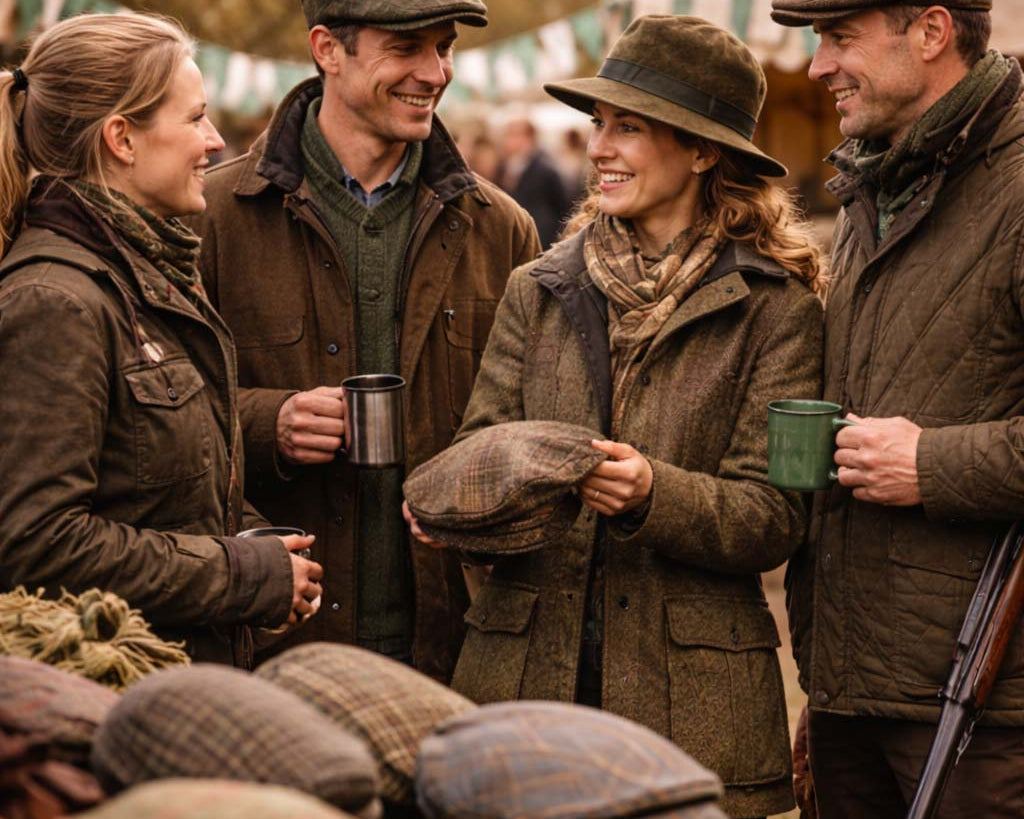 Group wearing game fair clothing in the UK at a countryside event during shooting season.