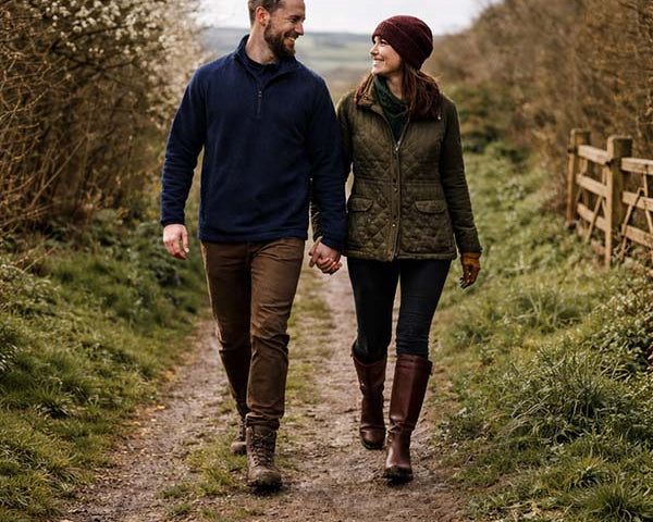 Couple wearing spring country clothing walking along a countryside path in the UK, layered in fleece and gilet for early spring.