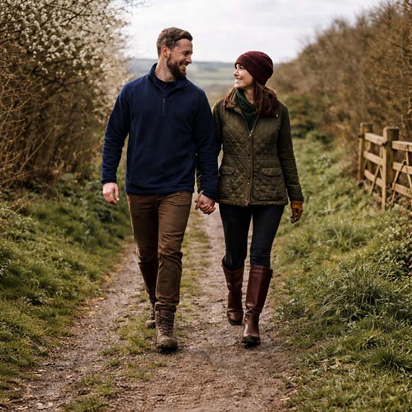 Couple wearing spring country clothing walking along a countryside path in the UK, layered in fleece and gilet for early spring.