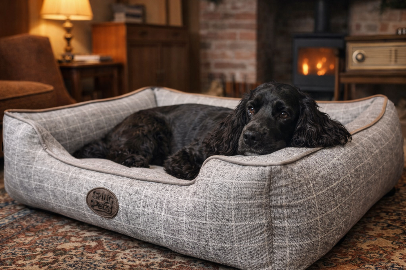Snug & Cosy Grey Square Check Dog Bed - XL
