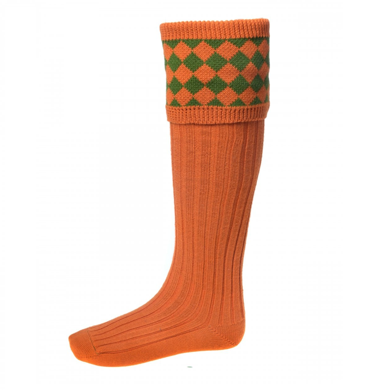 House of Cheviot Chessboard Merino Socks - Burnt Orange/Ivy Green